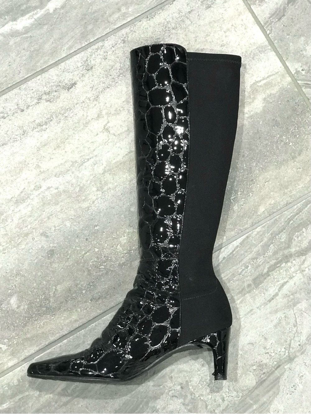STUART WEITZMAN Croc Embossed 50/50 Ltd Edition Black Patent Leather Heel Boot 4 - Picture 15 of 16